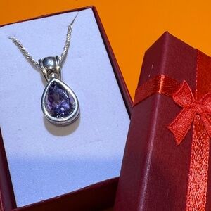 Large 1” Amethyst Teardrop Pendant Sterling Silver Necklace 16" Rope Chain